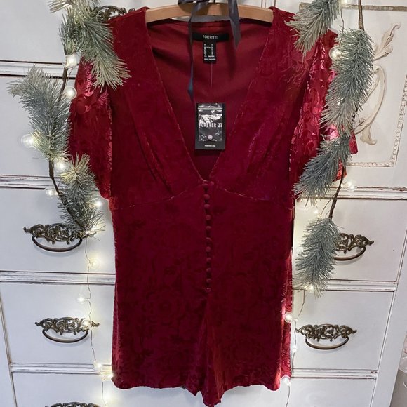 Forever 21 Pants - NWT Forever 21 Red Textured Victorian Velour Plunge Neckline Romper